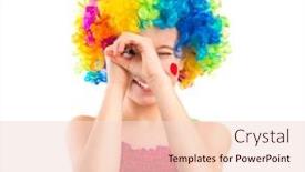  Presentation with binocular - Presentation theme enhanced with cute little girl in colourful clown loooking through her hands like binocular isolated on white backgrond background and a lemonade colored foreground