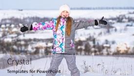  Presentation with winter weather - Colorful PPT theme enhanced with cute little girl in ski outfit feeling happy at sunny winter weather backdrop and a light blue colored foreground