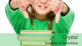  Presentation with hands down - PPT theme with cute little girl is reading a book and showing thumb down sign using both hands isolated over white background and a shamrock green colored foreground