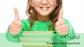  Presentation with girl reading - Colorful slide deck enhanced with cute little girl is reading a book and showing thumb up sign using both hands isolated over white backdrop and a seafoam green colored foreground