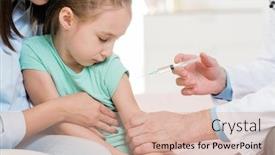  Presentation with injection - Presentation theme with cute little girl is scared to have injection while looking at syringe in hand of doctor in clinics background and a lemonade colored foreground