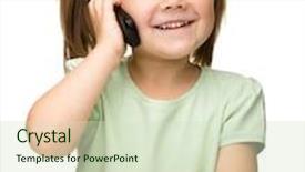  Presentation with cell - Presentation design having cute little girl is talking on cell phone while sitting at table isolated over white background and a soft green colored foreground