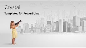  Presentation with cute - Colorful slides enhanced with cute little girl looking through spyglass to a big city backdrop and a light gray colored foreground