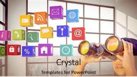  Presentation with cute - PPT theme with cute little girl looking through binoculars against room with large window showing city background and a coral colored foreground