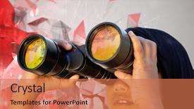  Presentation with girl design - Amazing PPT layouts having cute little girl looking through binoculars against angular design backdrop and a coral colored foreground