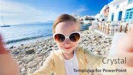  Presentation with popular - Amazing presentation theme having greek village - cute little girl making selfieat backdrop and a lemonade colored foreground