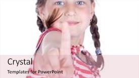  Presentation with finger point - Slide deck consisting of cute little girl point her finger at someone studio shot background and a lemonade colored foreground