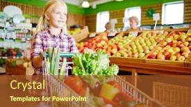  Presentation with cute vegetables - PPT theme featuring cute little girl pushing shopping cart with fresh vegetables in supermarket background and a tawny brown colored foreground