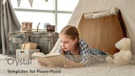  Presentation with kids reading book - Cool new PPT theme with cute-little-girl-reading-adventure backdrop and a coral colored foreground