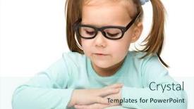  Presentation with book glasses - Beautiful PPT theme featuring cute little girl reads a book while wearing glasses isolated over white backdrop and a cool aqua colored foreground