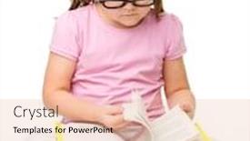  Presentation with book glasses - Slides enhanced with cute little girl reads a book while wearing black glasses isolated over white background and a lemonade colored foreground