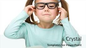  Presentation with book glasses - Slide set featuring cute little girl reads a book while wearing glasses isolated over white background and a sky blue colored foreground