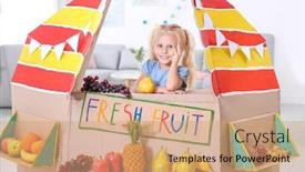  Presentation with fruits - Amazing PPT layouts having cute little girl selling fruits at counter indoors backdrop and a coral colored foreground