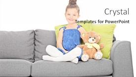  Presentation with sitting teddy bear isolated - PPT layouts consisting of cute little girl sitting on couch with teddy bear isolated on white background background and a white colored foreground