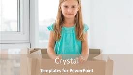  Presentation with hide - PPT theme with cute little girl standing in large cardboard box wanting to play hide-and-seek background and a coral colored foreground