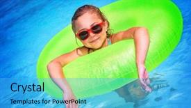  Presentation with swimming pool - Audience pleasing presentation consisting of cute little girl swimming in the pool in big bright green rubber ring having fun in aquapark happy summer holidays on the beach backdrop and a cyan colored foreground