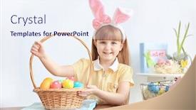  Presentation with easter basket - Slides enhanced with cute little girl with bunny ears holding basket full of colorful easter eggs indoors background and a sky blue colored foreground