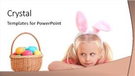  Presentation with easter basket - Colorful presentation theme enhanced with cute little girl with bunny ears and basket full of easter eggs on white background backdrop and a white colored foreground