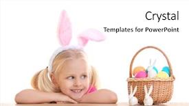  Presentation with easter basket - Beautiful PPT layouts featuring cute little girl with bunny ears and basket full of easter eggs on white background backdrop and a white colored foreground