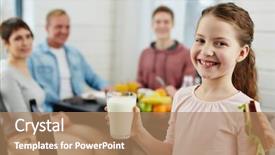  Presentation with cute sandwich - Presentation theme with cute little girl with ponytail holding glass of milk and tasty sandwich in hands while looking at camera with toothy smile her family sitting at kitchen table background and a coral colored foreground