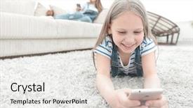  Presentation with carpet tiles design - Amazing slide set having cute little girl with smartphone backdrop and a  colored foreground