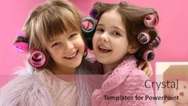  Presentation with cute - Presentation theme with cute little girls playing with their mother's stuff at home background and a coral colored foreground