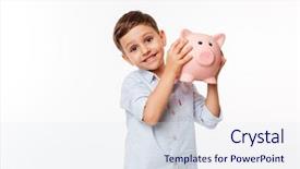  Presentation with piggy bank - Colorful slide set enhanced with cute little kid holding piggy backdrop and a sky blue colored foreground