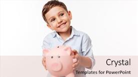  Presentation with piggy bank - Cool new slide deck with cute little kid holding piggy backdrop and a coral colored foreground
