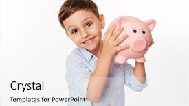  Presentation with piggy bank - Beautiful slide deck featuring cute little kid holding piggy backdrop and a white colored foreground
