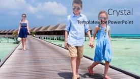  Presentation with walking together - Cool new slide deck with cute little kids walking together on wooden jetty at tropical resort backdrop and a light blue colored foreground