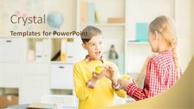  Presentation with lunch - Presentation featuring cute little schoolboy with yellow apple looking at his classmate during lunch break background and a lemonade colored foreground