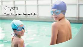  Presentation with siblings - PPT theme enhanced with cute little siblings standing poolside at the leisure center background and a sky blue colored foreground