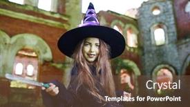  Presentation with magic wand - Presentation theme enhanced with cute-little-witch-in-halloween background and a tawny brown colored foreground