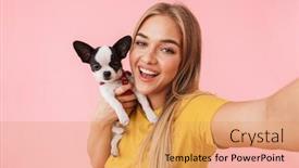  Presentation with pet - Slide set having cute lovely cheerful girl taking a selfie while playing with her pet chihuahua isolated over pink background background and a coral colored foreground
