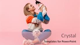  Presentation with pet - Beautiful slide set featuring cute lovely girl wearing sweater sitting with legs crossed with her pet chihuahua and lapdog isolated over pink background backdrop and a lemonade colored foreground