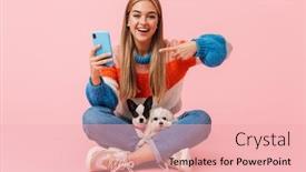  Presentation with pet - Audience pleasing presentation design consisting of cute lovely girl wearing sweater sitting with legs crossed with her pet chihuahua and lapdog isolated over pink background pointing at mobile phone backdrop and a lemonade colored foreground