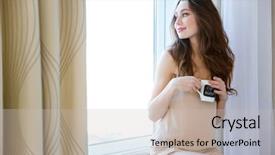  Presentation with coffe - Slide deck enhanced with cute lovely smiling young woman drinking coffe and looking at the window background and a light gray colored foreground