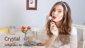  Presentation with lollipop - Colorful PPT theme enhanced with cute lovely young woman with long curly hair sitting in cafe and eating lollipop backdrop and a coral colored foreground