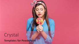  Presentation with lollipop - Presentation theme having cute lovely young woman in blue blouse holding colorful lollipop over pink background background and a coral colored foreground