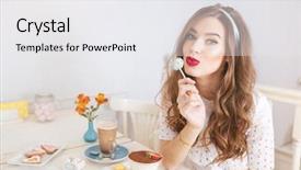  Presentation with lollipop - Slide deck featuring cute lovely young woman with long curly hair sitting in cafe and eating lollipop background and a sky blue colored foreground