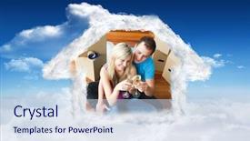  Presentation with lovers - Cool new presentation theme with cute lovers celebrating new house with champagne against bright blue sky with clouds backdrop and a sky blue colored foreground
