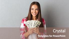  Presentation with happy smiling woman dental health - Amazing presentation theme having cute money - portrait of smiling woman holding backdrop and a violet colored foreground