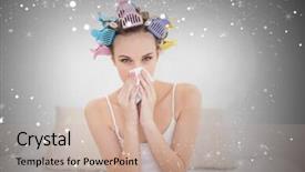  Presentation with sneezing - Colorful PPT theme enhanced with cute natural brown haired woman in hair curlers sneezing in a tissue against snow backdrop and a mint green colored foreground