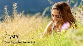  Presentation with colorful green corn field - Cool new PPT theme with cute nature - carefree woman sitting backdrop and a  colored foreground