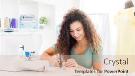  Presentation with fabric - Cool new presentation design with cute-needlewoman-cutting-fabric backdrop and a coral colored foreground