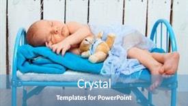  Presentation with baby bear - PPT layouts enhanced with cute newborn baby sleeps in a small bed with teddy bear background and a teal colored foreground