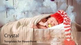 Presentation with newborn - Audience pleasing slide deck consisting of cute newborn baby sleeps in a santa claus hat close-up backdrop and a coral colored foreground