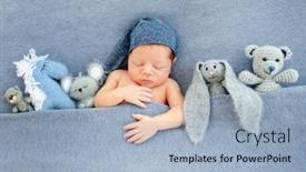 Presentation with newborn - Theme featuring cute newborn boy lying under blue blanket with plush toys near him top view background and a light blue colored foreground