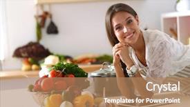  Presentation with desk - Presentation theme featuring cute nutrition - young woman standing near desk background and a coral colored foreground