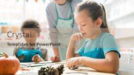  Presentation with decorate - Audience pleasing PPT theme consisting of cute pensive schoolgirl looking at small black paper bat on desk while thinking of how to decorate it backdrop and a coral colored foreground